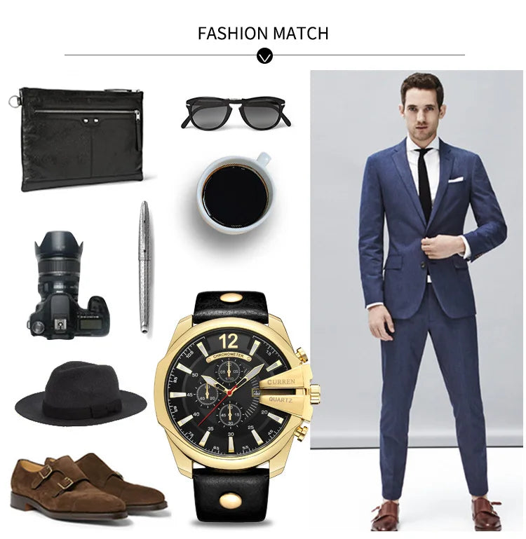 Montre Élégante pour Homme – Bracelet en Cuir & Design Doré Chic