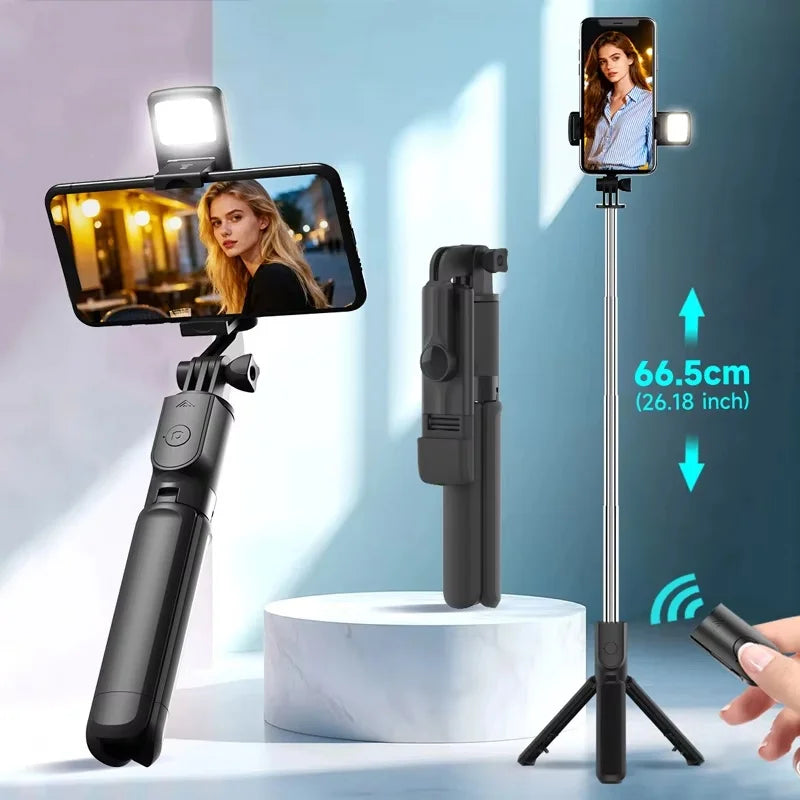 Selfie Stick Trépied 3-en-1 – Télécommande Bluetooth & Lumière LED pour Selfies et Live