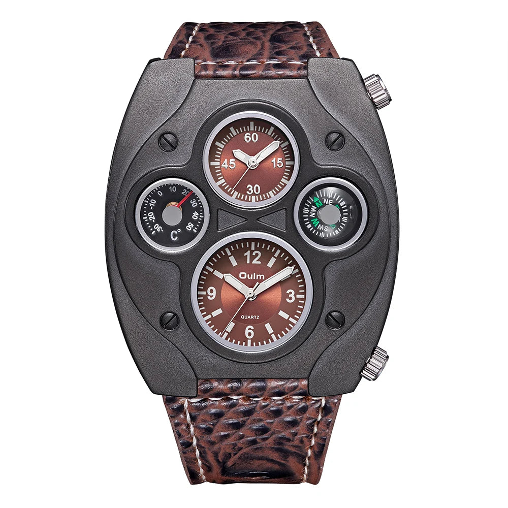 Men's Leather Watch: Large Face Dual Timezone Oversized Dial Leather Strap Analog Quartz Watch