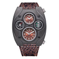 Men's Leather Watch: Large Face Dual Timezone Oversized Dial Leather Strap Analog Quartz Watch