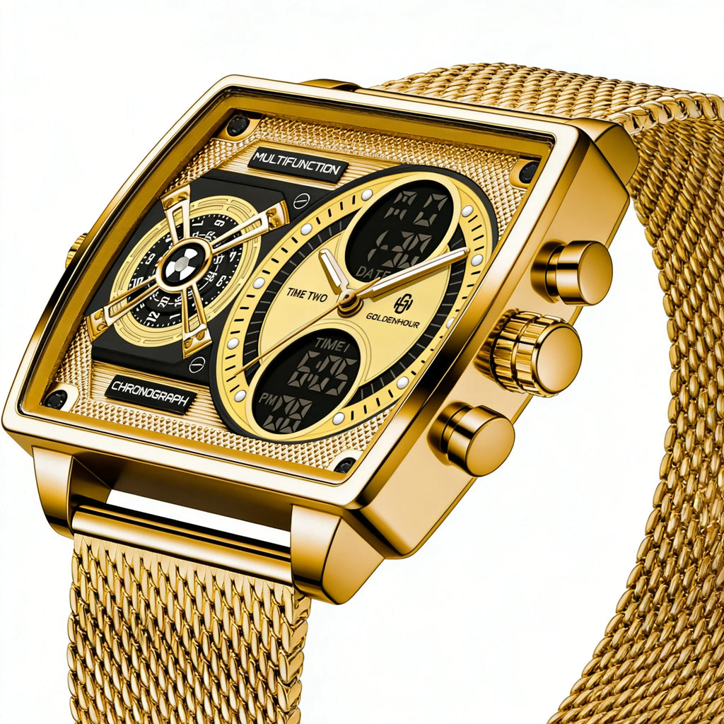 GOLDENHOUR Luxury Gold Men Watch Industrial Style LED Digital Analog Dual Time Waterproof Luminous Quartz Wristwatch Reloj Hombr