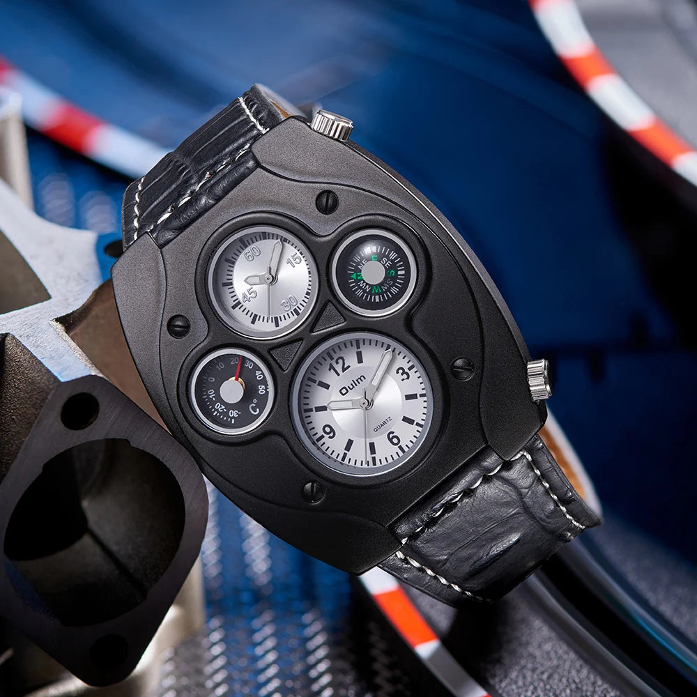 Men's Leather Watch: Large Face Dual Timezone Oversized Dial Leather Strap Analog Quartz Watch