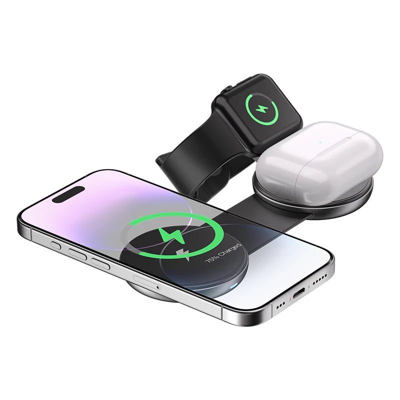 Chargeur Sans Fil Magnétique 3-en-1 Pliable – Station de Recharge Rapide 15W pour Smartphone, Montre & Écouteurs