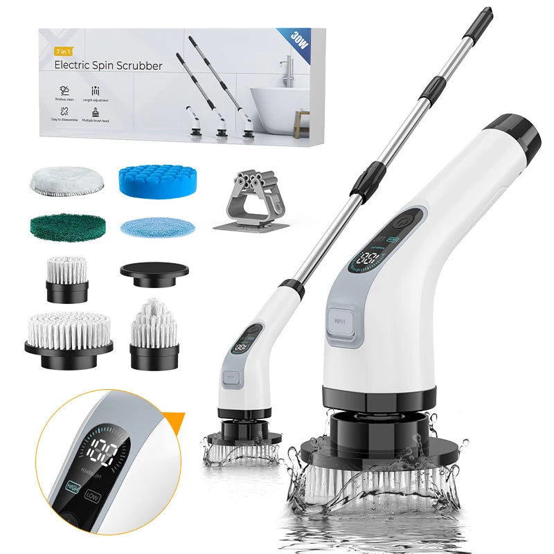 7 in 1  multifunctional handheld electric cleaning brush with telescopic function, bathroom floor and kitchen cleaning tool