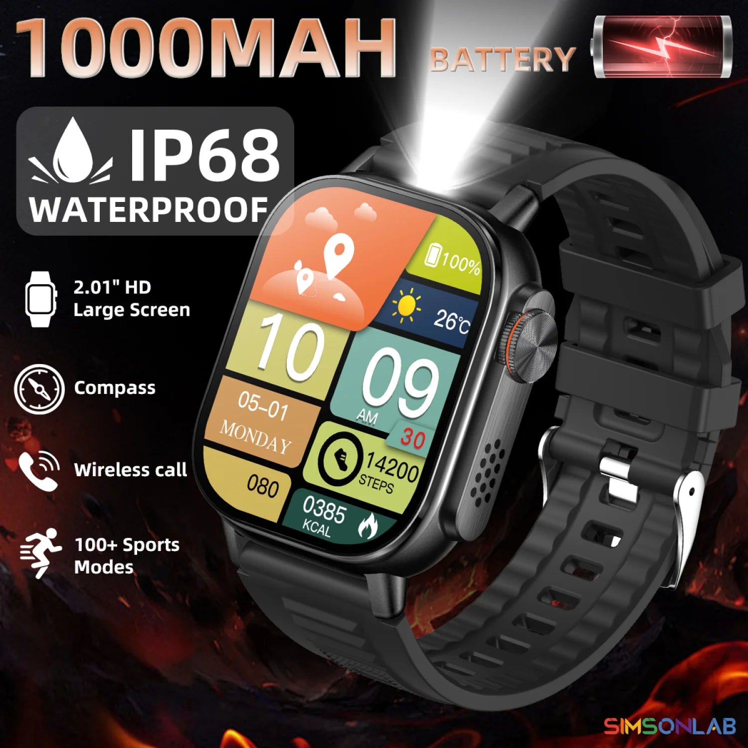 New Smart Watch 2.01" AMOLED 100+ Sports Modes GPS Bluetooth Calls 1000mAh Mode IP68 Waterproof Smartwatch For IOS&Android