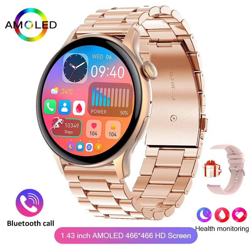 New True AMOLED Smart Watch Ladies Screen Always Show Time 466*466 HD Health Tracker Voice Calling NFC Smartwatch Women
