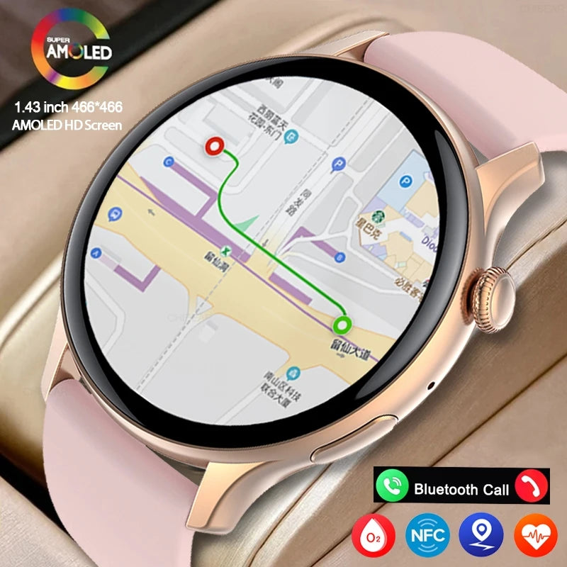 New True AMOLED Smart Watch Ladies Screen Always Show Time 466*466 HD Health Tracker Voice Calling NFC Smartwatch Women