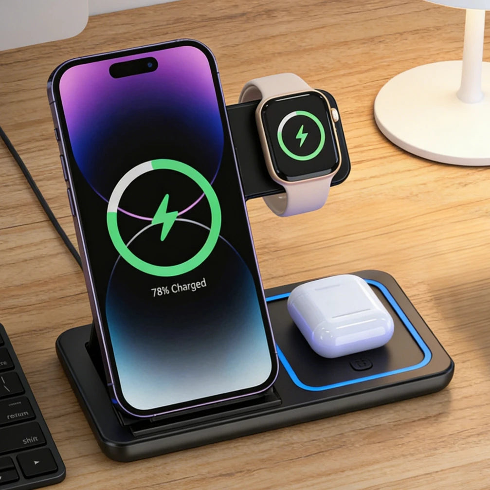 Station de Charge Sans Fil 3-en-1 Pliable – Chargeur Rapide pour iPhone, Apple Watch & AirPods