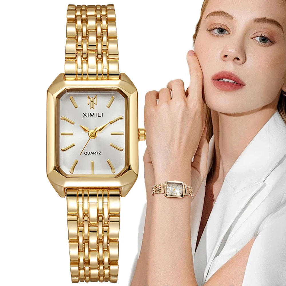 Montre Élégante Dorée pour Femme – Design Carré Chic & Bracelet en Acier Inoxydable