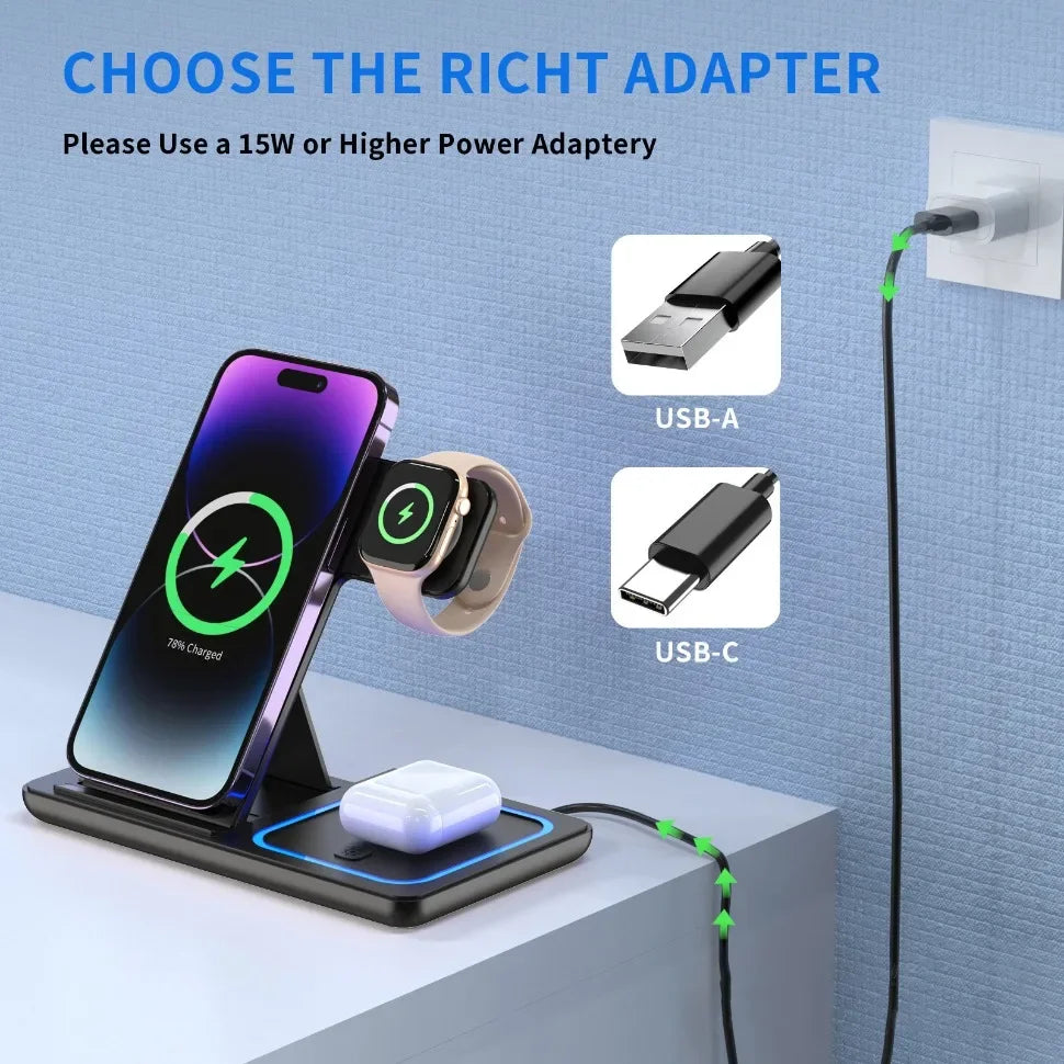 Station de Charge Sans Fil 3-en-1 Pliable – Chargeur Rapide pour iPhone, Apple Watch & AirPods