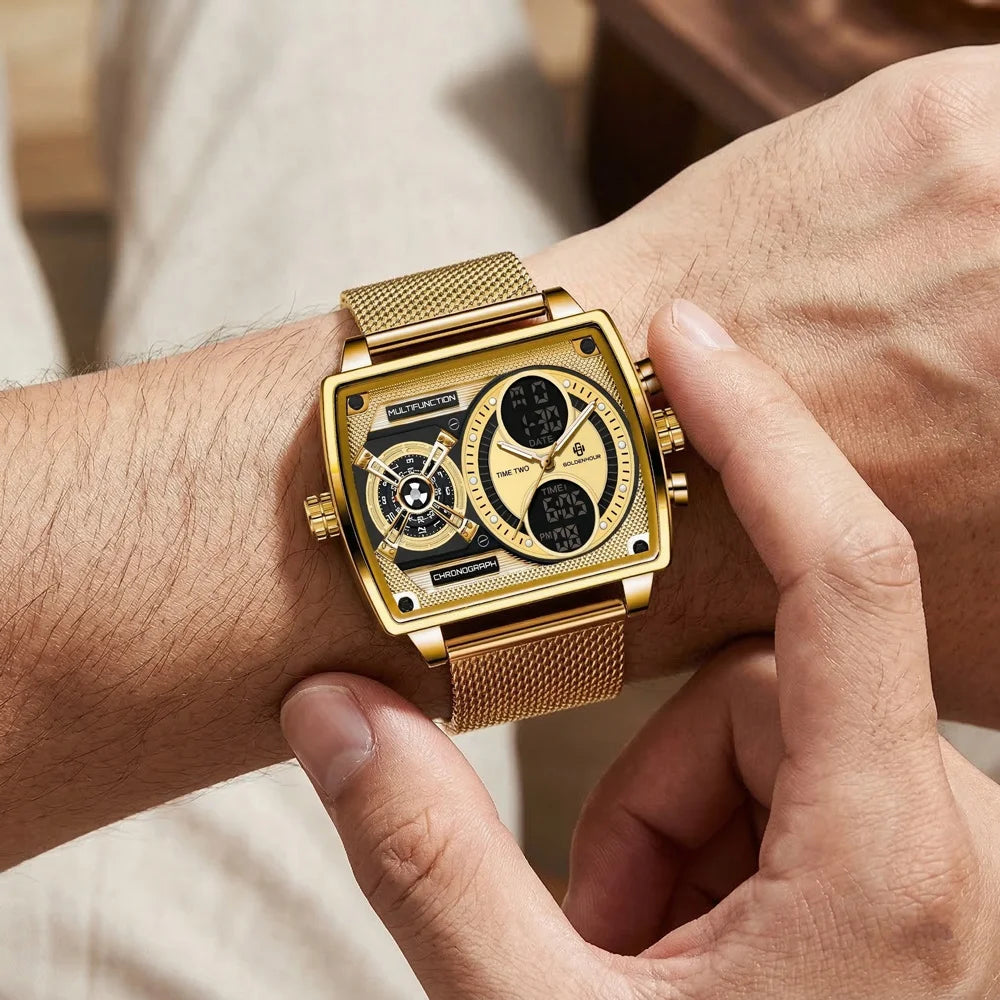 GOLDENHOUR Luxury Gold Men Watch Industrial Style LED Digital Analog Dual Time Waterproof Luminous Quartz Wristwatch Reloj Hombr