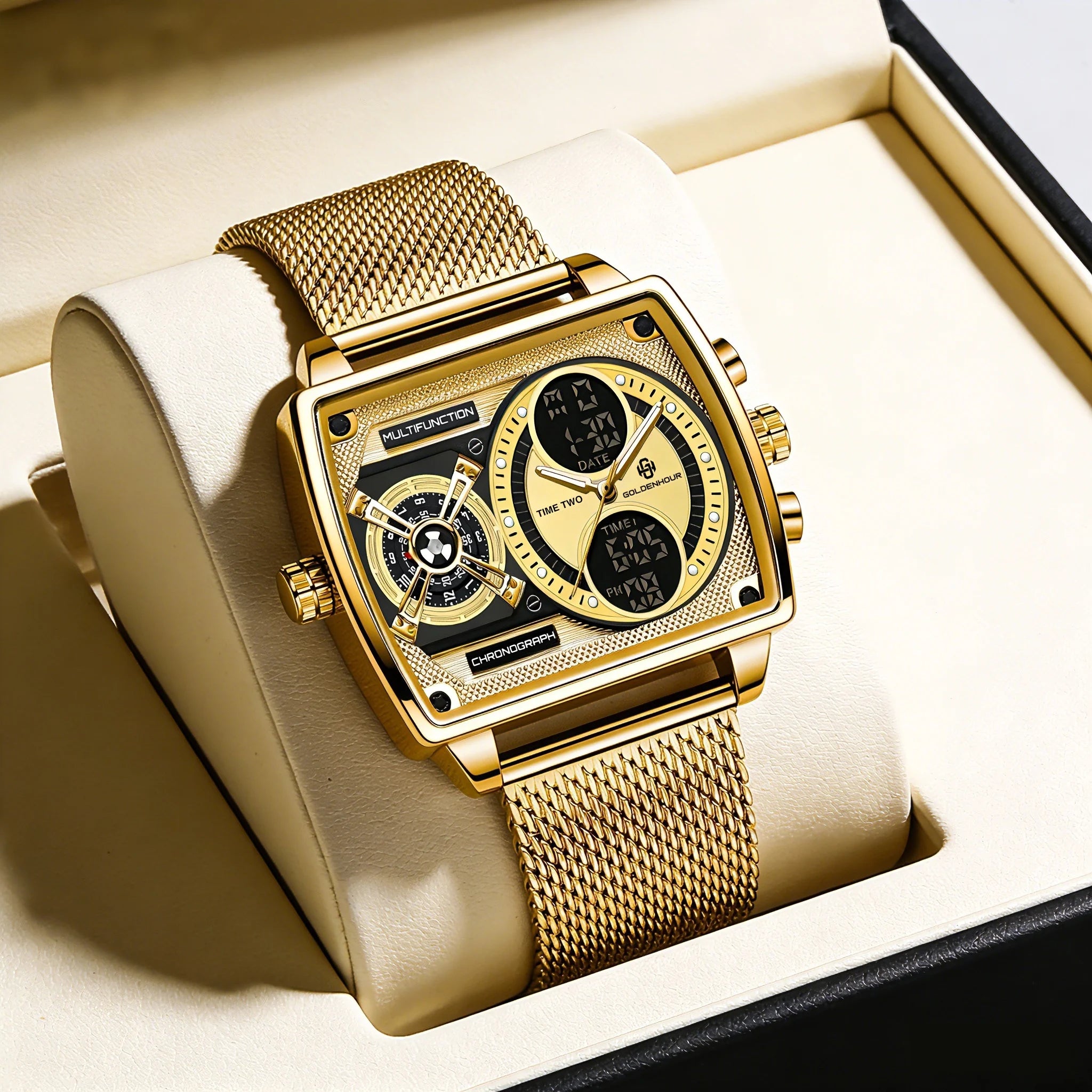 GOLDENHOUR Luxury Gold Men Watch Industrial Style LED Digital Analog Dual Time Waterproof Luminous Quartz Wristwatch Reloj Hombr
