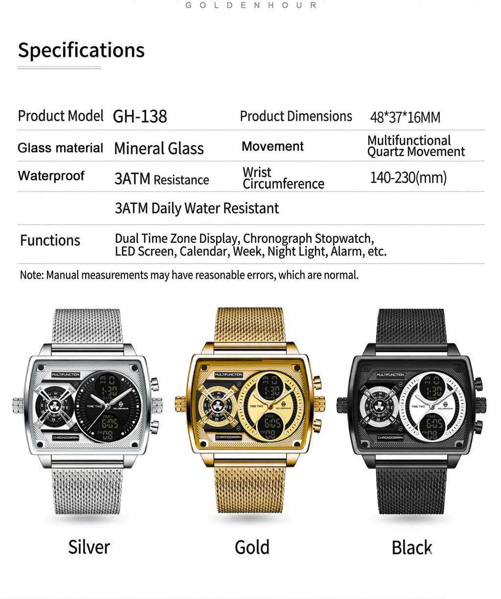 GOLDENHOUR Luxury Gold Men Watch Industrial Style LED Digital Analog Dual Time Waterproof Luminous Quartz Wristwatch Reloj Hombr