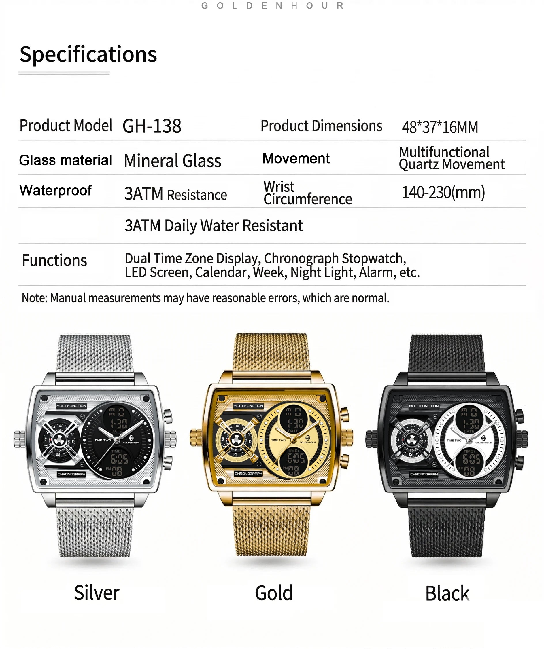 GOLDENHOUR Luxury Gold Men Watch Industrial Style LED Digital Analog Dual Time Waterproof Luminous Quartz Wristwatch Reloj Hombr