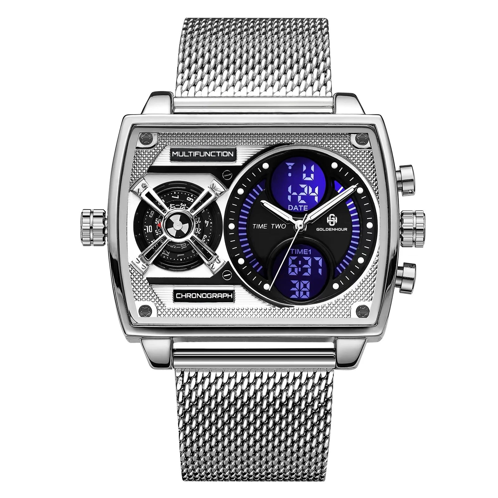 GOLDENHOUR Luxury Gold Men Watch Industrial Style LED Digital Analog Dual Time Waterproof Luminous Quartz Wristwatch Reloj Hombr