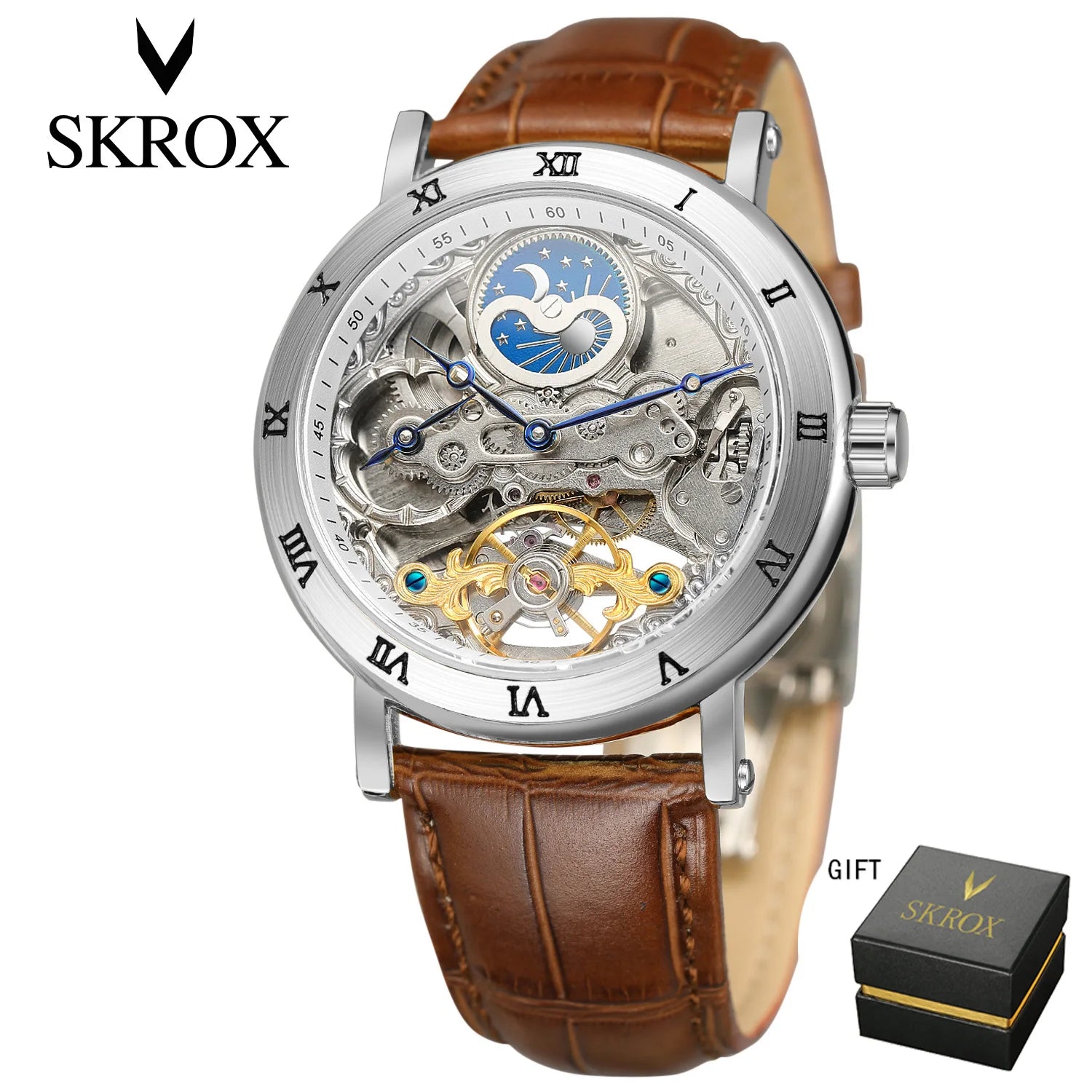 SKROX GMT Dual time-zones Automatic Movement Clockwork Mechanical Waterproof Men's Wristwatches High-End Luxury Man Moon Watch